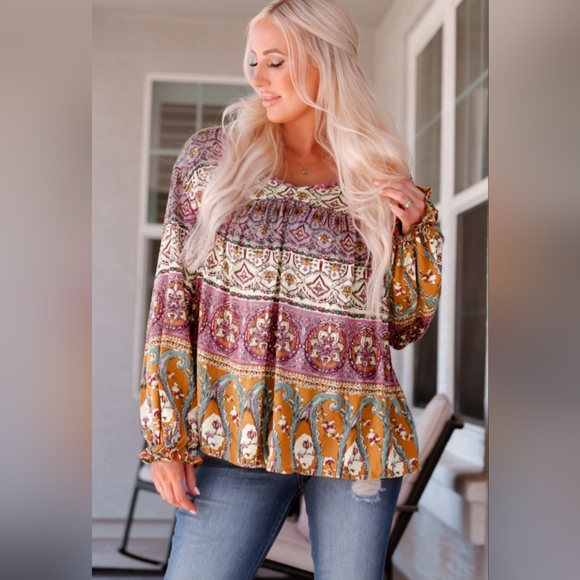 NEW WITH TAGS Boho Print Long Sleeve Blouse - Picture 1 of 1